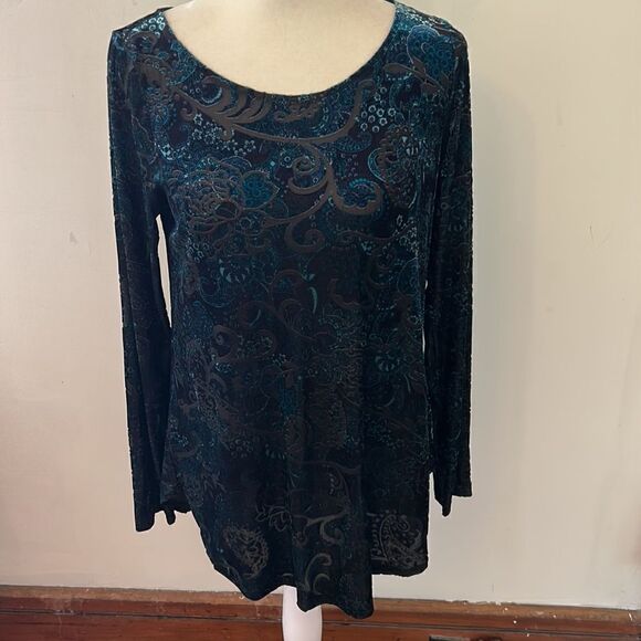 Karen Kane velour black turquoise long sleeve floral blouse Size S - Picture 2 of 8